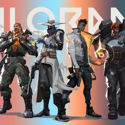 Promotional artwork for Valorant featuring a lineup of six male agents: Omen, Breach, Cypher, Phoenix, Brimstone, and Sova, standing against a colorful gradient background with the Valorant logo.
